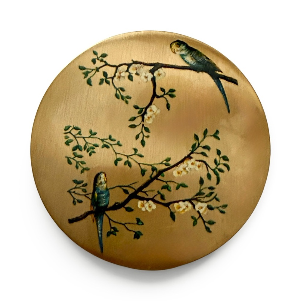 1950s Stratton “Budgie” Powder Compact – Vintage Floral Bird Compact Mirror